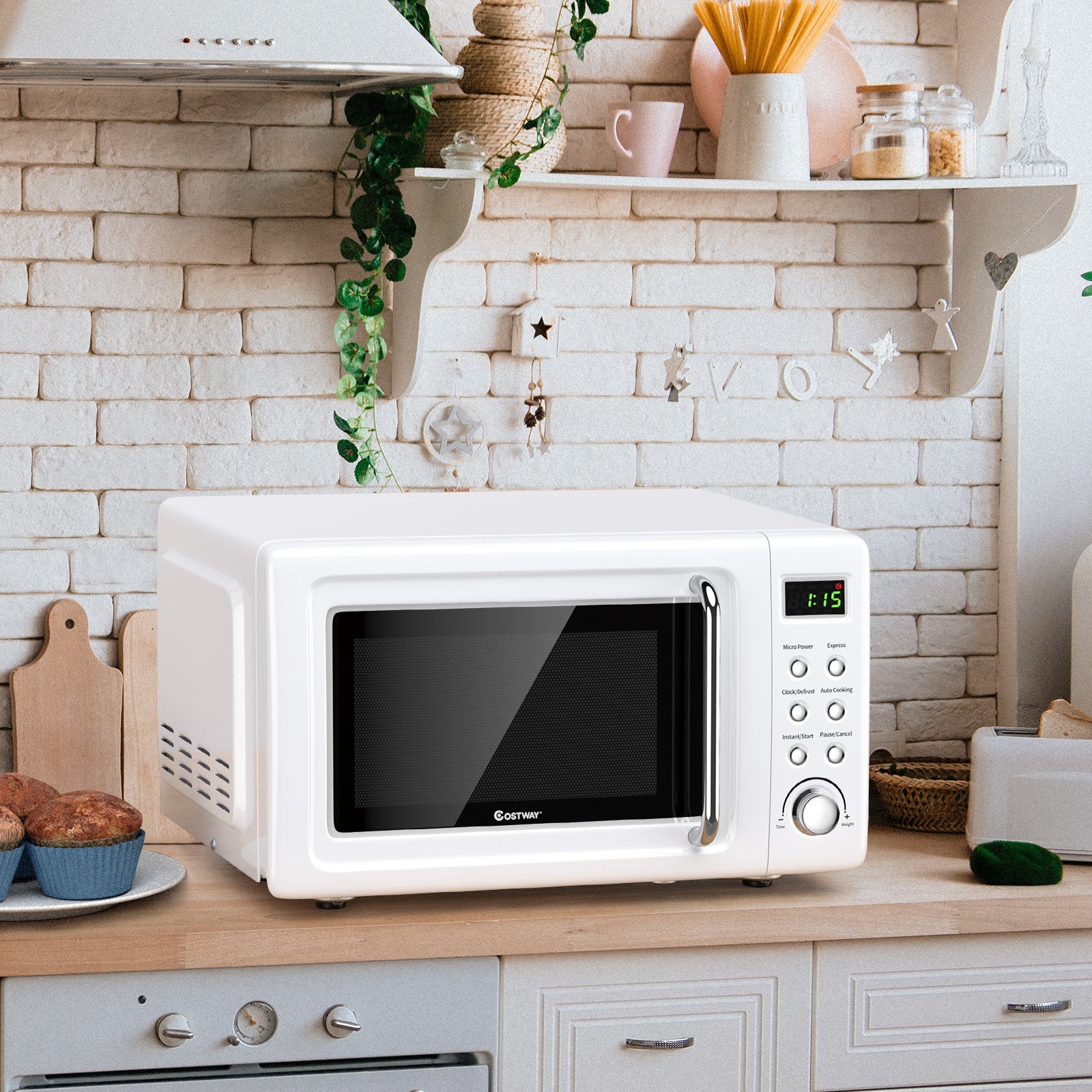 700W Retro Countertop Microwave Oven with 5 Micro Power and Auto Cooking Function, White Toaster Ovens at Gallery Canada