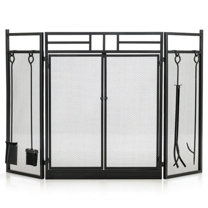3-Panel Folding Wrought Iron Fireplace Screen with Doors and 4 Pieces Tools Set, Black at Gallery Canada