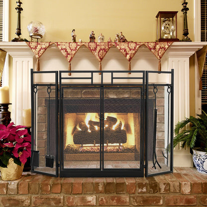 3-Panel Folding Wrought Iron Fireplace Screen with Doors and 4 Pieces Tools Set, Black