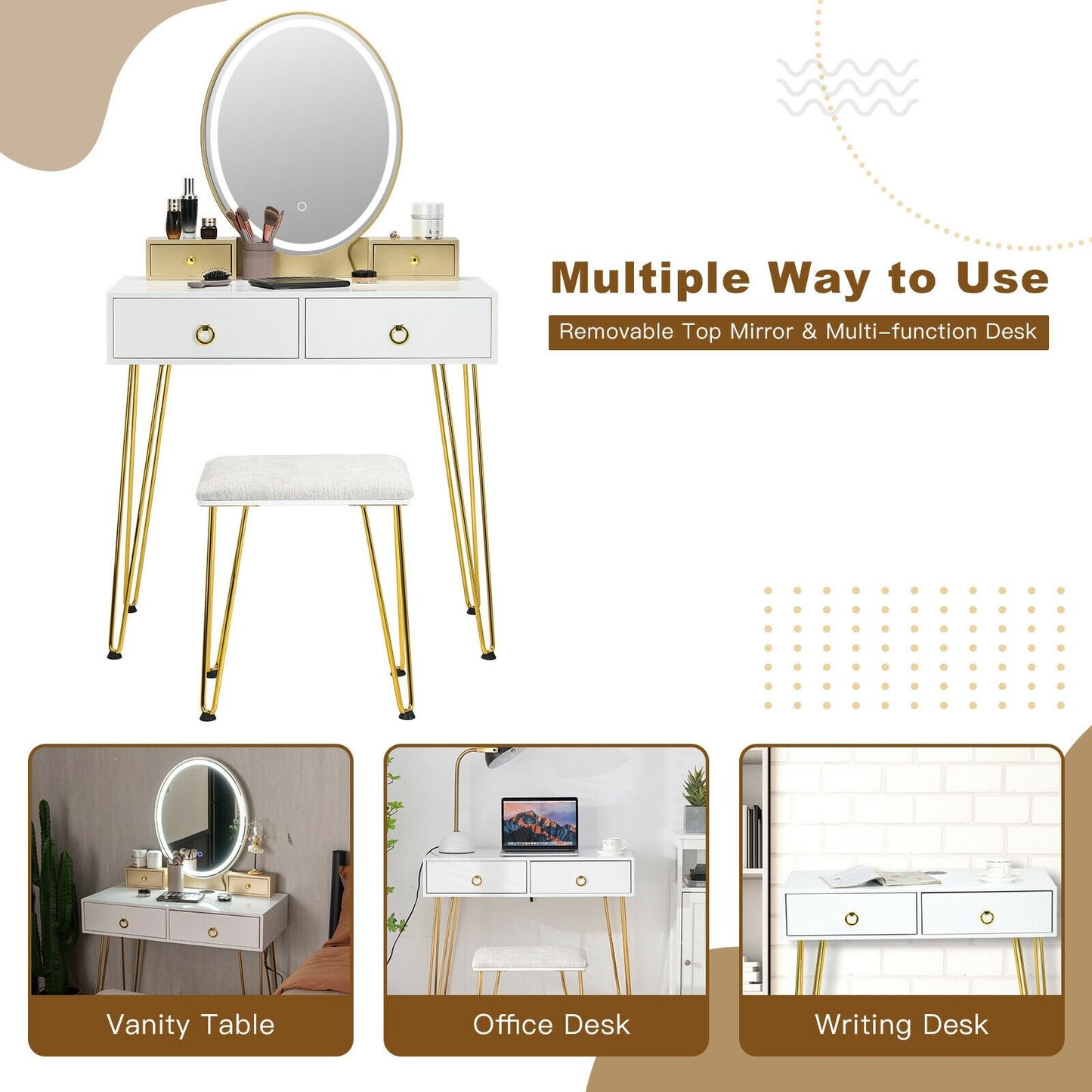 Vanity Table Set with 3-Color Lighted Dimmable Mirror, White