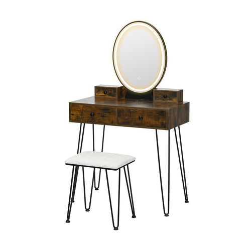 Vanity Table Set with 3-Color Lighted Dimmable Mirror, Brown