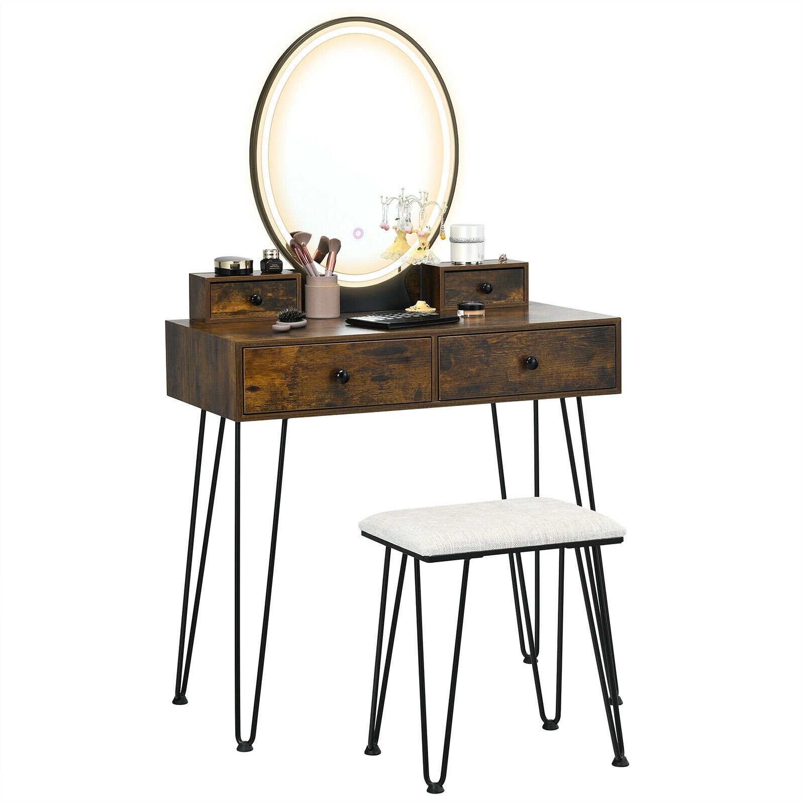Vanity Table Set with 3-Color Lighted Dimmable Mirror, Brown at Gallery Canada