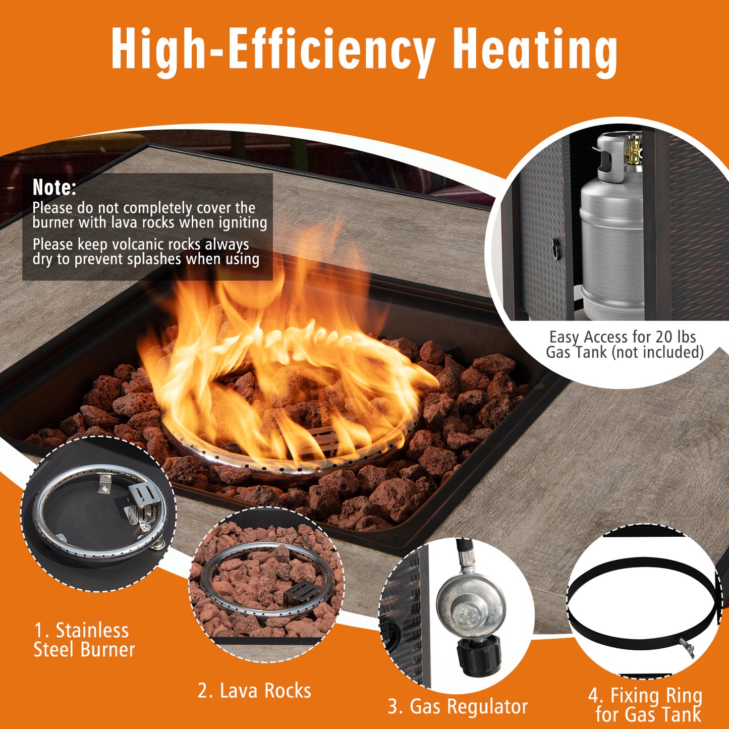 30 Inch Square Propane Gas Fire Pit Table, Ceramic Tabletop, Gray