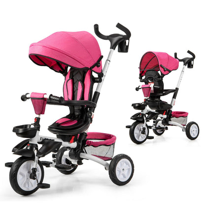 6-in-1 Detachable Kids Baby Stroller Tricycle with Canopy and Safety Harness, Pink