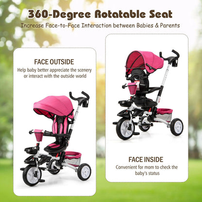 6-in-1 Detachable Kids Baby Stroller Tricycle with Canopy and Safety Harness, Pink