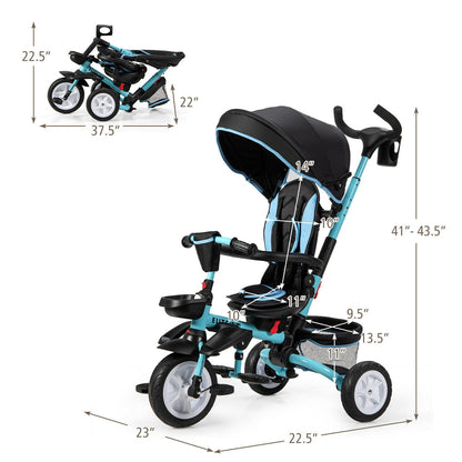 6-in-1 Detachable Kids Baby Stroller Tricycle with Canopy and Safety Harness, Blue