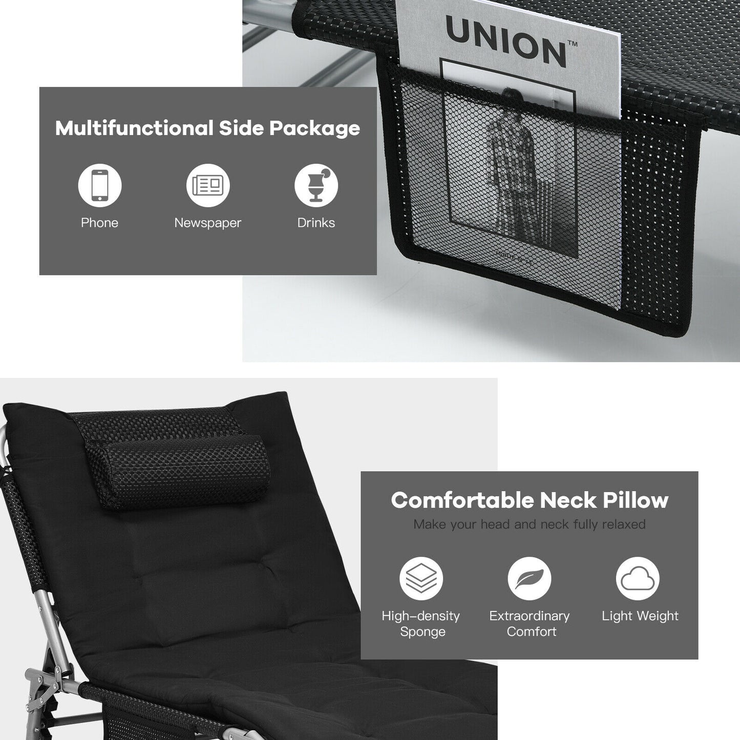 4-Fold Oversize Padded Folding Lounge Chair, Removable Soft Mattress, Black Outdoor Chaise Lounges at Gallery Canada