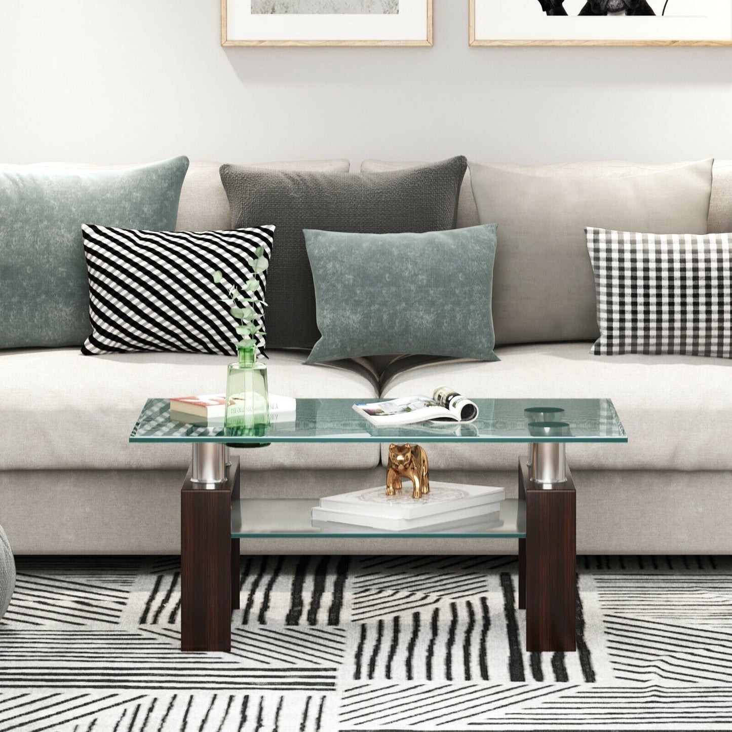 Rectangle Glass Coffee Table with Metal Legs for Living Room, Brown at Gallery Canada
