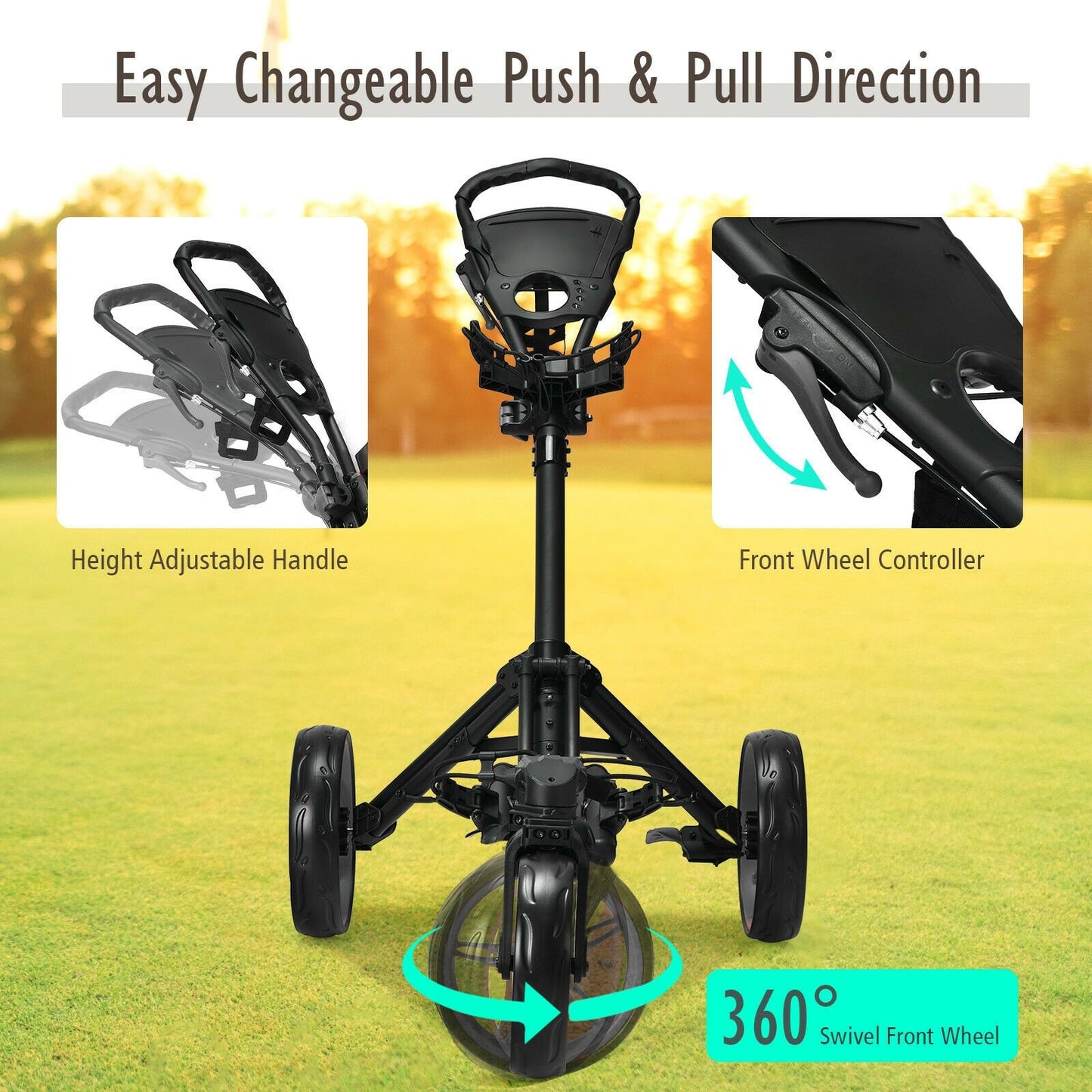 Folding Golf Push Cart with Scoreboard Adjustable Handle Swivel Wheel, Gray