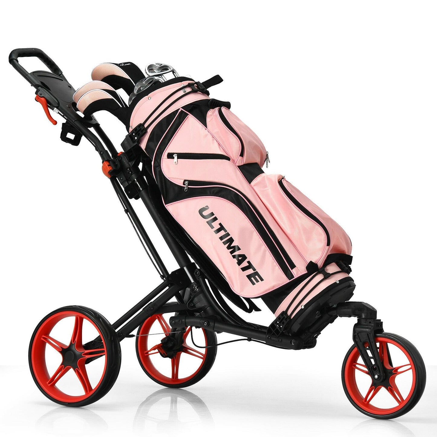 Folding Golf Push Cart with Scoreboard Adjustable Handle Swivel Wheel, Red