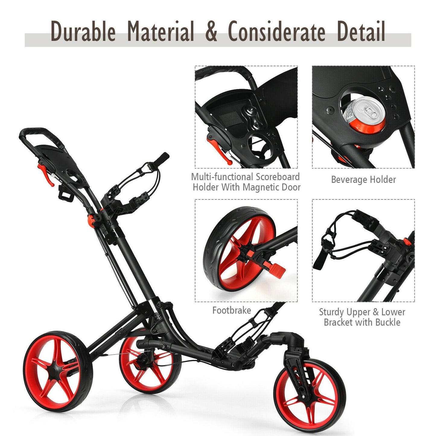 Folding Golf Push Cart with Scoreboard Adjustable Handle Swivel Wheel, Red
