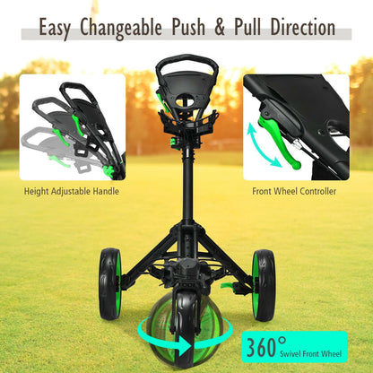 Folding Golf Push Cart with Scoreboard Adjustable Handle Swivel Wheel, Green