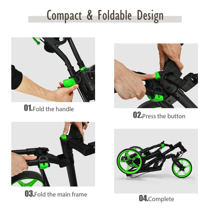 Folding Golf Push Cart with Scoreboard Adjustable Handle Swivel Wheel, Green