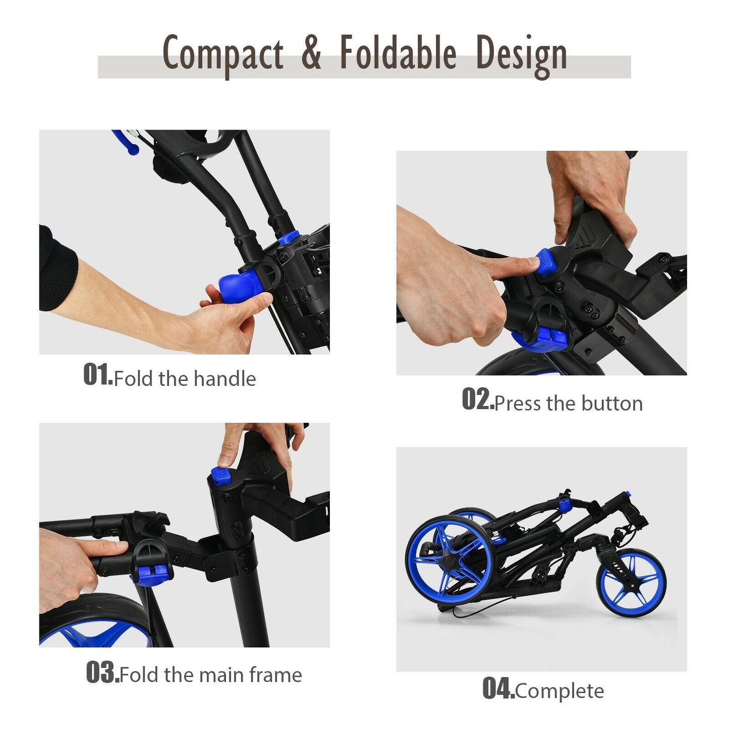 Folding Golf Push Cart with Scoreboard Adjustable Handle Swivel Wheel, Blue