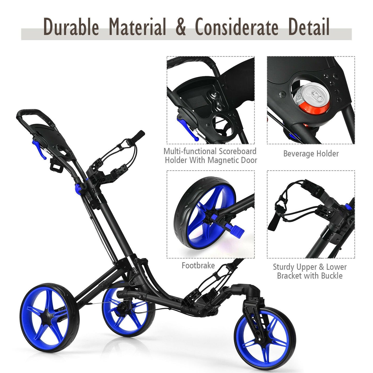 Folding Golf Push Cart with Scoreboard Adjustable Handle Swivel Wheel, Blue