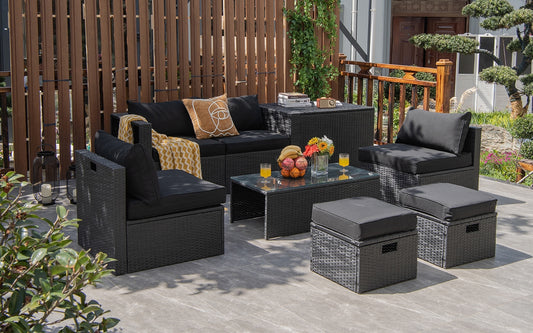 8 Pieces Patio Rattan Storage Table Furniture Set, Black Outdoor Sectionals at Gallery Canada