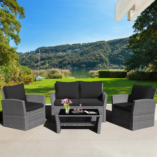 4 Piece Patio Rattan Furniture Set, Sofa Table With Storage Shelf Cushion, Black Patio Conversation Sets Black at Gallery Canada