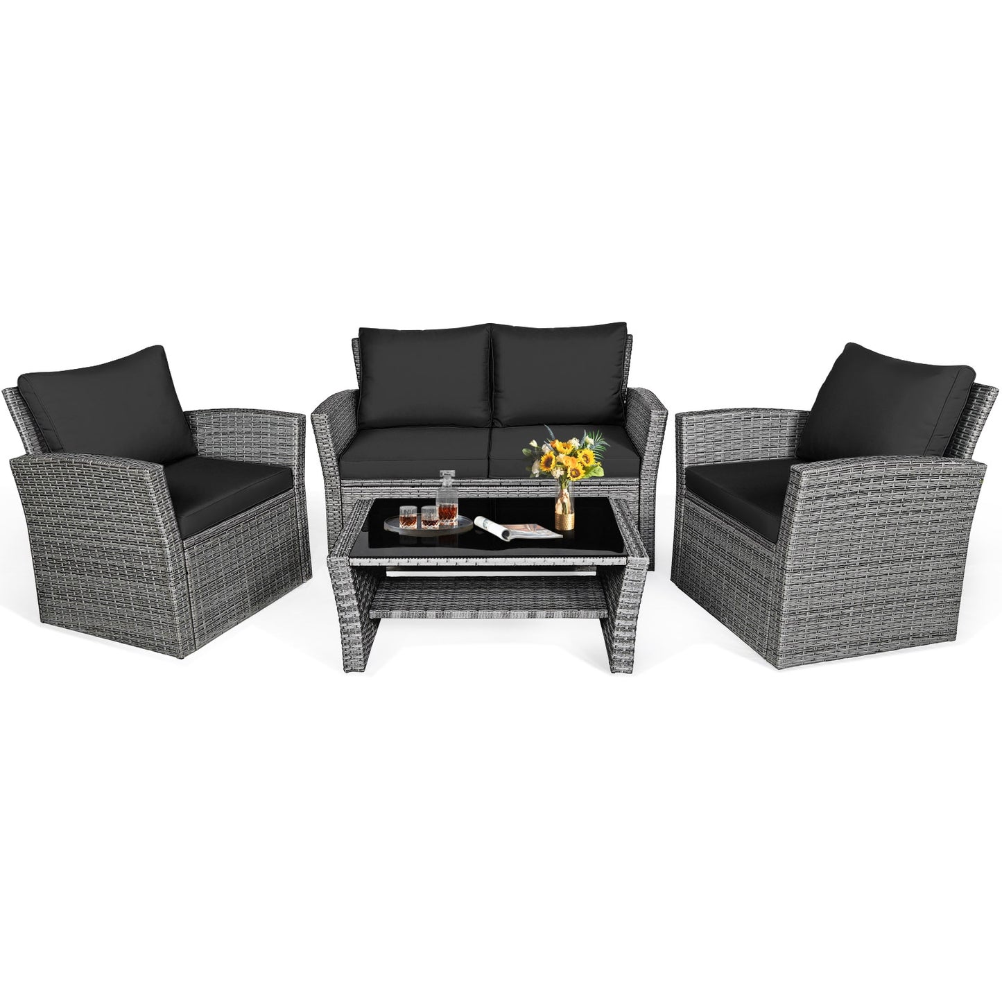 4 Piece Patio Rattan Furniture Set, Sofa Table With Storage Shelf Cushion, Black Patio Conversation Sets at Gallery Canada