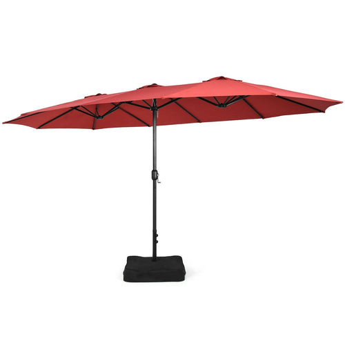 15 Feet Double-Sided Twin Patio Umbrella with Crank and Base Coffee in Outdoor Market, Red