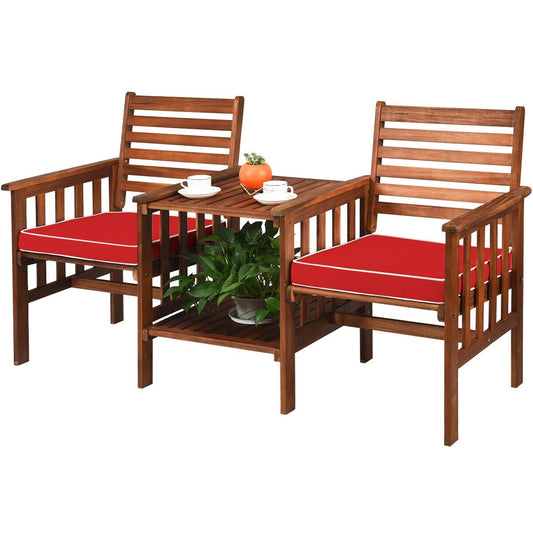 3 pcs Outdoor Patio Table Chairs Set Acacia Wood Loveseat, Red