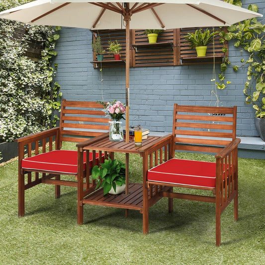 3 Pcs Outdoor Patio Table Chairs Set, Acacia Wood Loveseat, Red Patio Conversation Sets Red at Gallery Canada