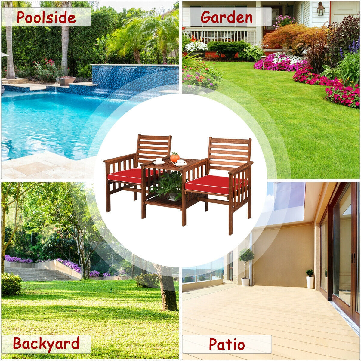 3 Pcs Outdoor Patio Table Chairs Set, Acacia Wood Loveseat, Red Patio Conversation Sets at Gallery Canada