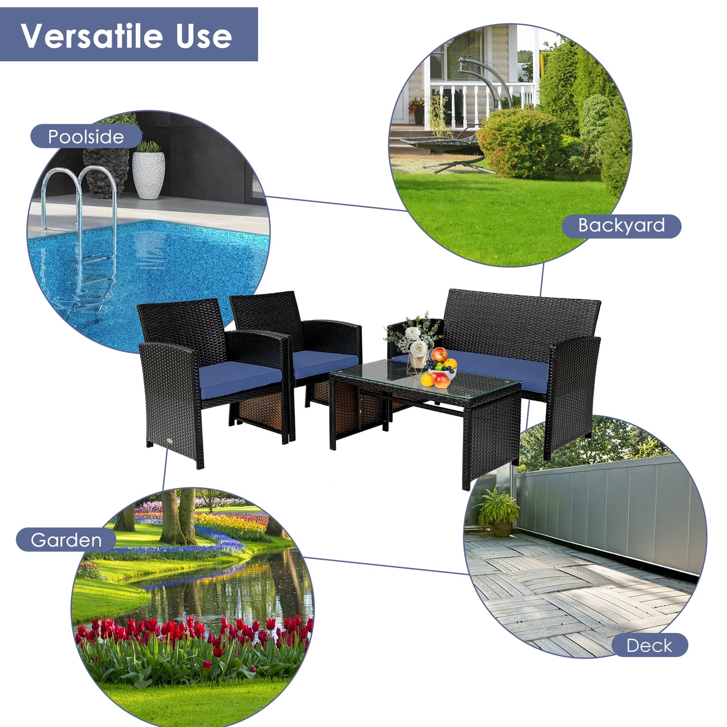 4Pcs Patio Rattan Cushioned Furniture Set, Navy Patio Conversation Sets at Gallery Canada