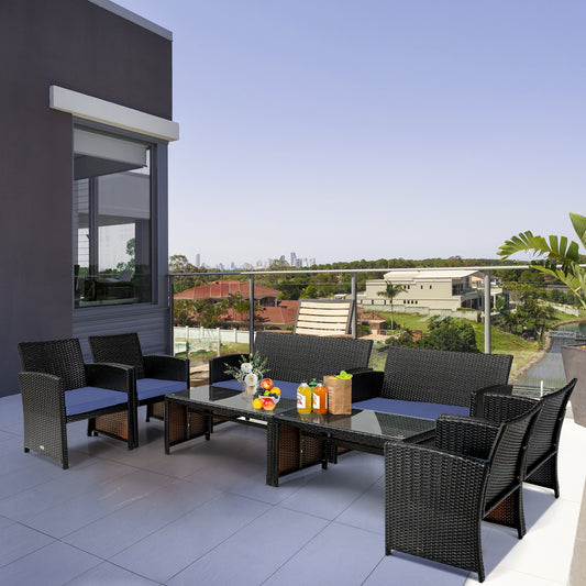4Pcs Patio Rattan Cushioned Furniture Set, Navy Patio Conversation Sets Navy at Gallery Canada
