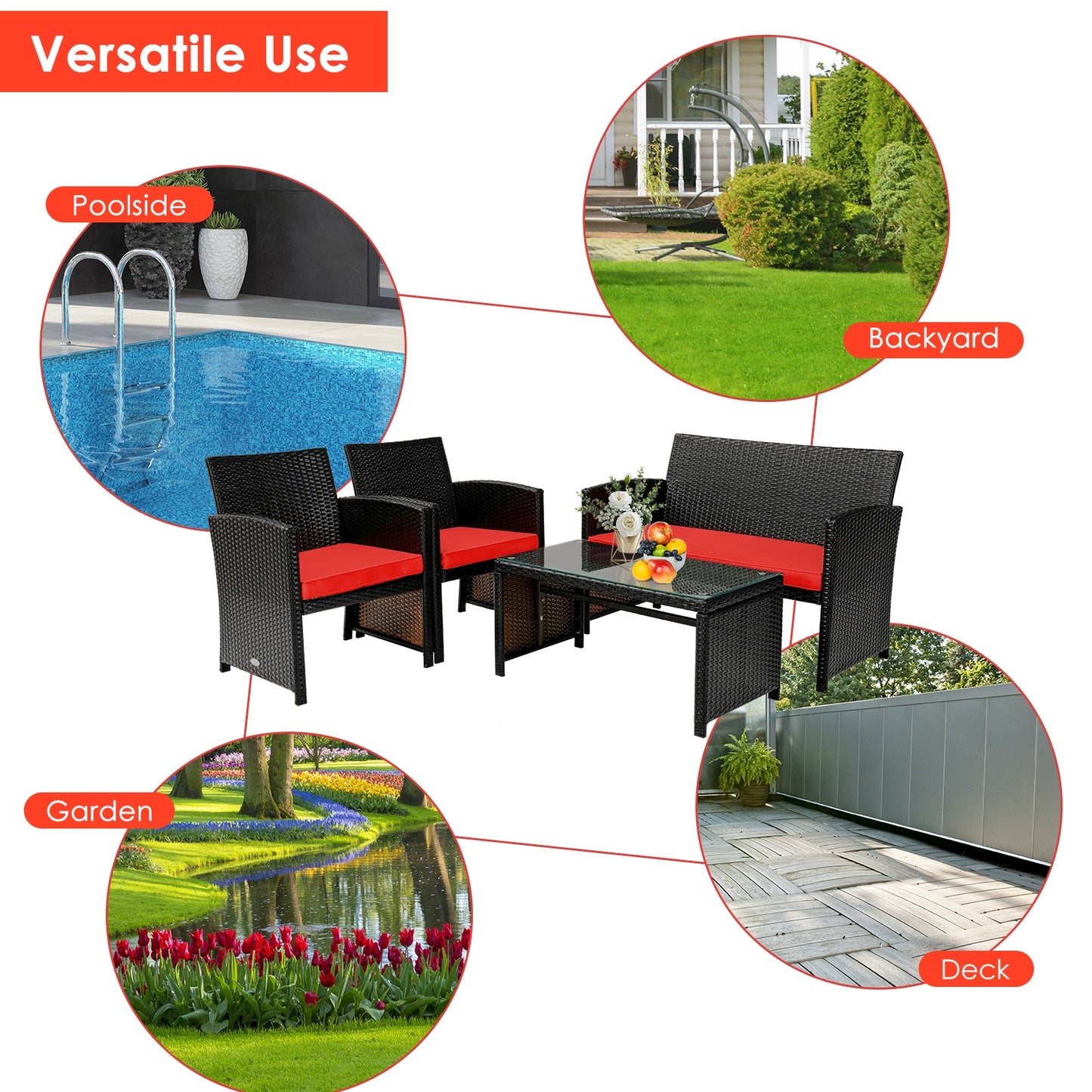 4 Piece Patio Rattan Cushioned Furniture Set, Red Patio Conversation Sets at Gallery Canada
