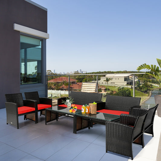 4 Piece Patio Rattan Cushioned Furniture Set, Red Patio Conversation Sets Red at Gallery Canada