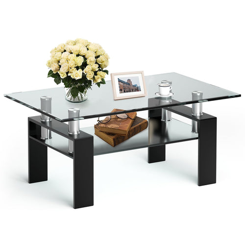 Rectangle Glass Coffee Table with Metal Legs for Living Room, Black