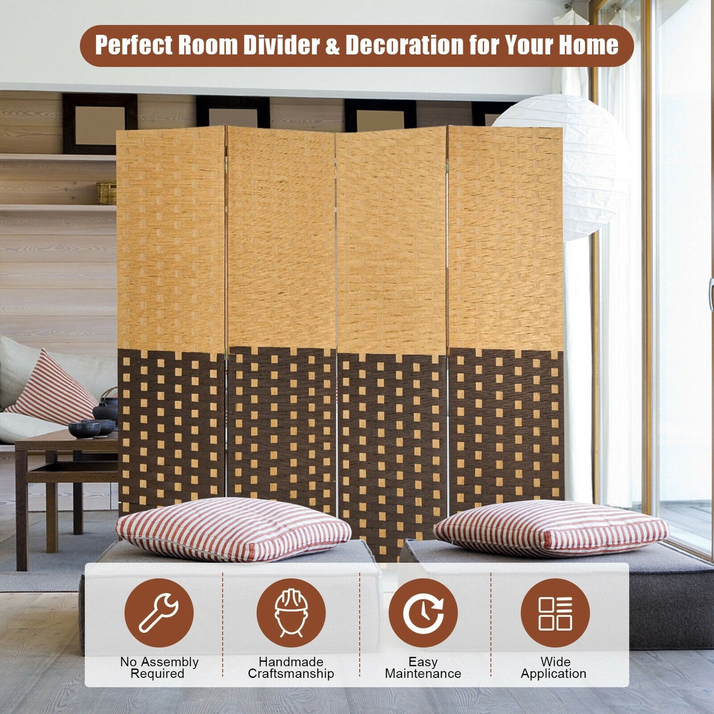 4 Panel Portable Folding Hand-Woven Wall Divider Suitable for Home Office, Brown