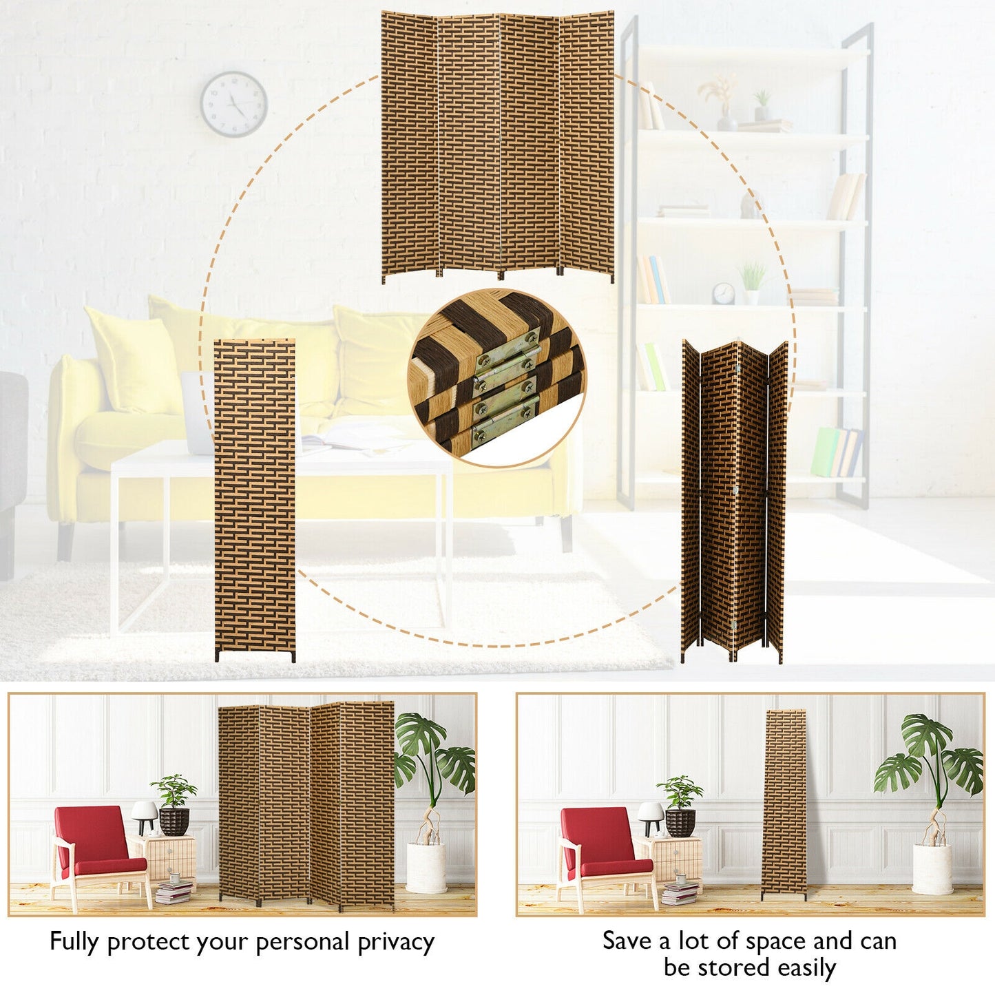 4 Panel Folding Privacy Partition, Room Divider, Rustproof Hinge, Yellow Room Dividers at Gallery Canada