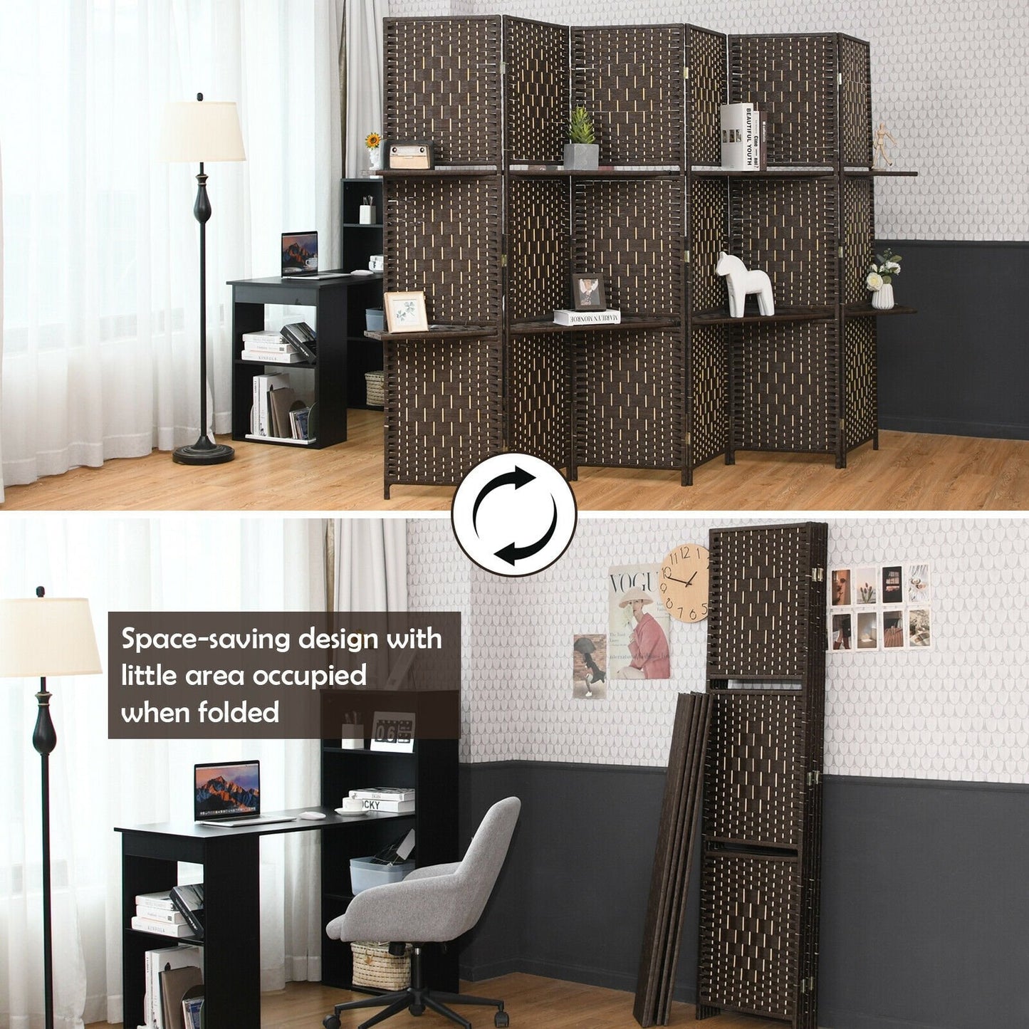 6 Panel Folding Weave Fiber Room Divider with 2 Display Shelves , Brown