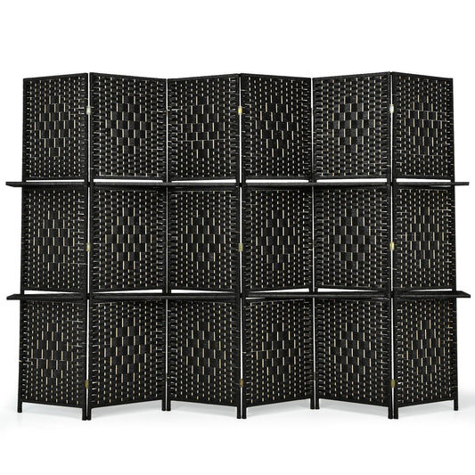 6 Panel Folding Weave Fiber Room Divider with 2 Display Shelves , Black