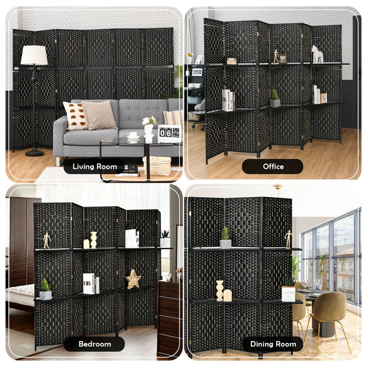 6 Panel Folding Weave Fiber Room Divider, 2 Display Shelves, Black Room Dividers Black at Gallery Canada