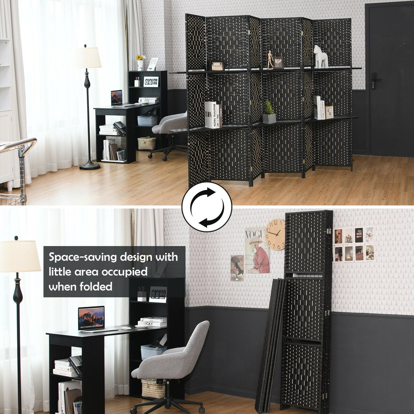 6 Panel Folding Weave Fiber Room Divider, 2 Display Shelves, Black Room Dividers at Gallery Canada