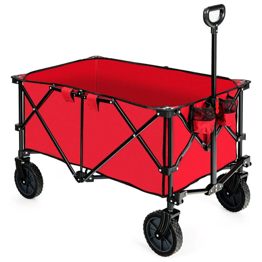Outdoor Folding Wagon Cart with Adjustable Handle and Universal Wheels, Red