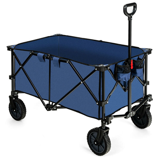 Outdoor Folding Wagon Cart with Adjustable Handle and Universal Wheels, Navy