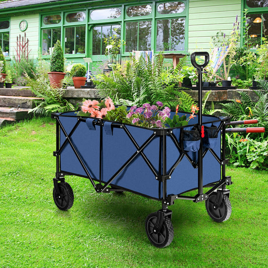 Outdoor Folding Wagon Cart with Adjustable Handle and Universal Wheels, Navy Garden Carts Navy at Gallery Canada