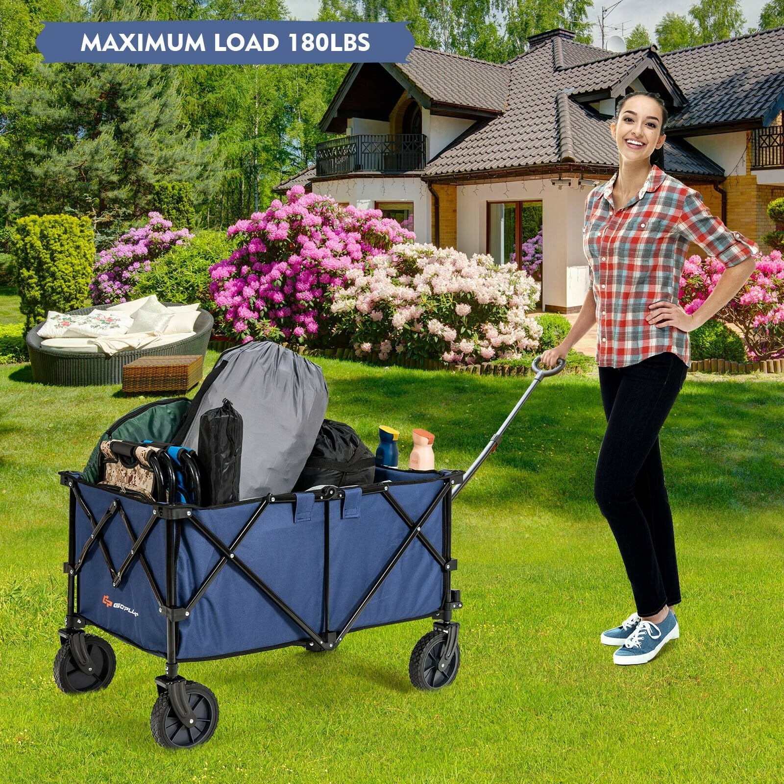 Outdoor Folding Wagon Cart with Adjustable Handle and Universal Wheels, Navy at Gallery Canada