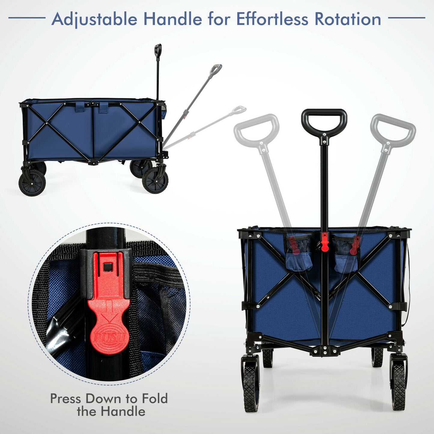 Outdoor Folding Wagon Cart, Adjustable Handle, Universal Wheels, Navy Garden Carts at Gallery Canada