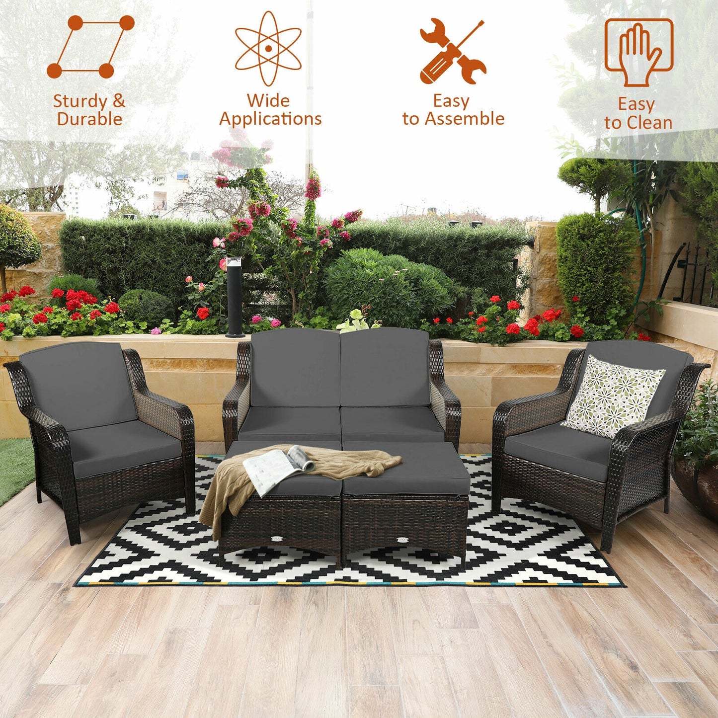 5 Piece Patio Rattan Sofa Set, Cushion Ottoman, Gray Outdoor Sectionals at Gallery Canada