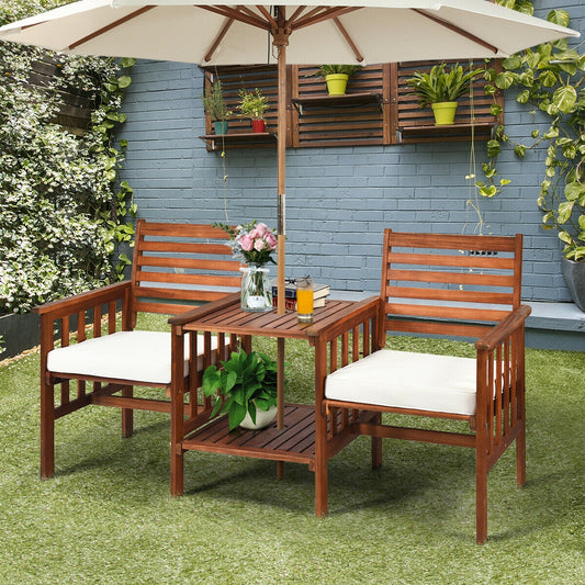 3 Pcs Patio Table Chairs Set, Acacia Wood Loveseat, White Patio Conversation Sets White at Gallery Canada