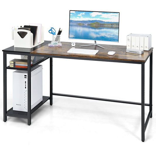 55 Inch Reversible Computer Desk with Adjustable Storage Shelves, Rustic Brown