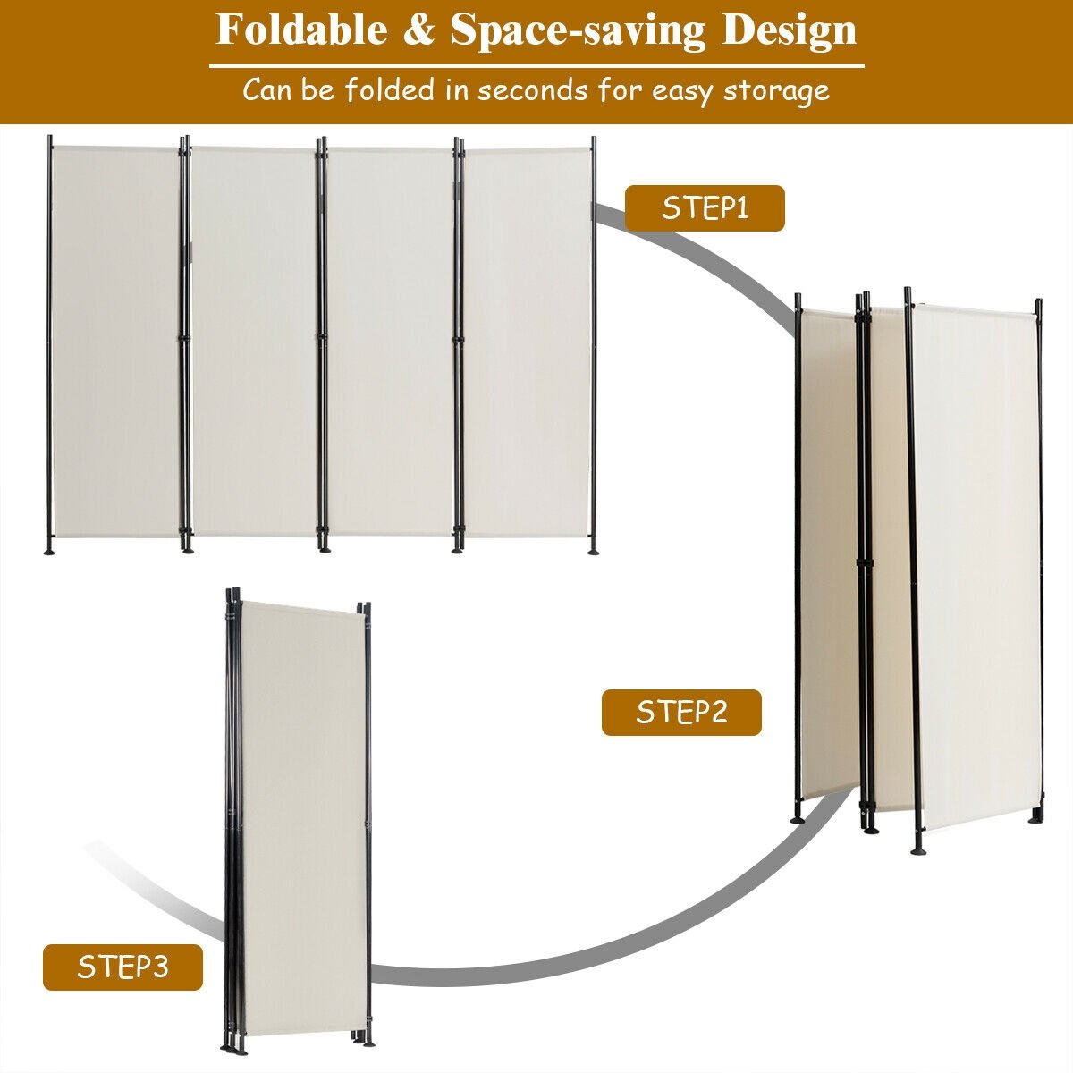 4-Panel Room Divider Folding Privacy Screen, Beige
