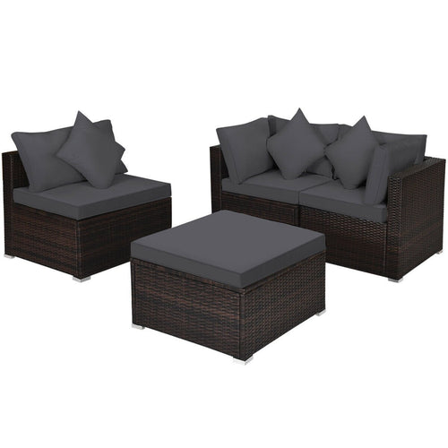 4 Pieces Ottoman Garden Patio Rattan Wicker Furniture Set with Cushion, Gray