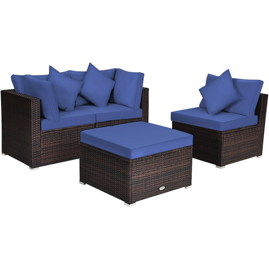 4 Pieces Ottoman Garden Patio Rattan Wicker Furniture Set with Cushion, Navy