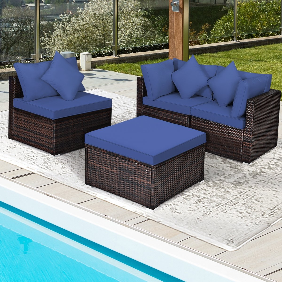 4 Pieces Ottoman Garden Patio Rattan Wicker Furniture Set with Cushion, Navy at Gallery Canada