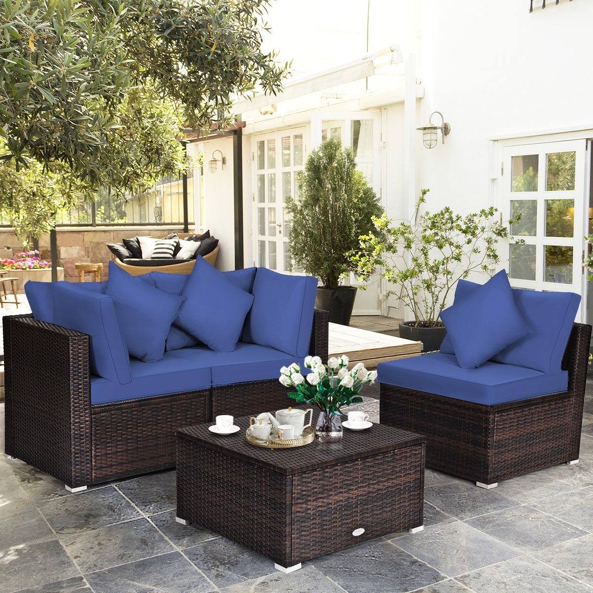 4 Pieces Ottoman Garden Patio Rattan Wicker Furniture Set with Cushion, Navy at Gallery Canada